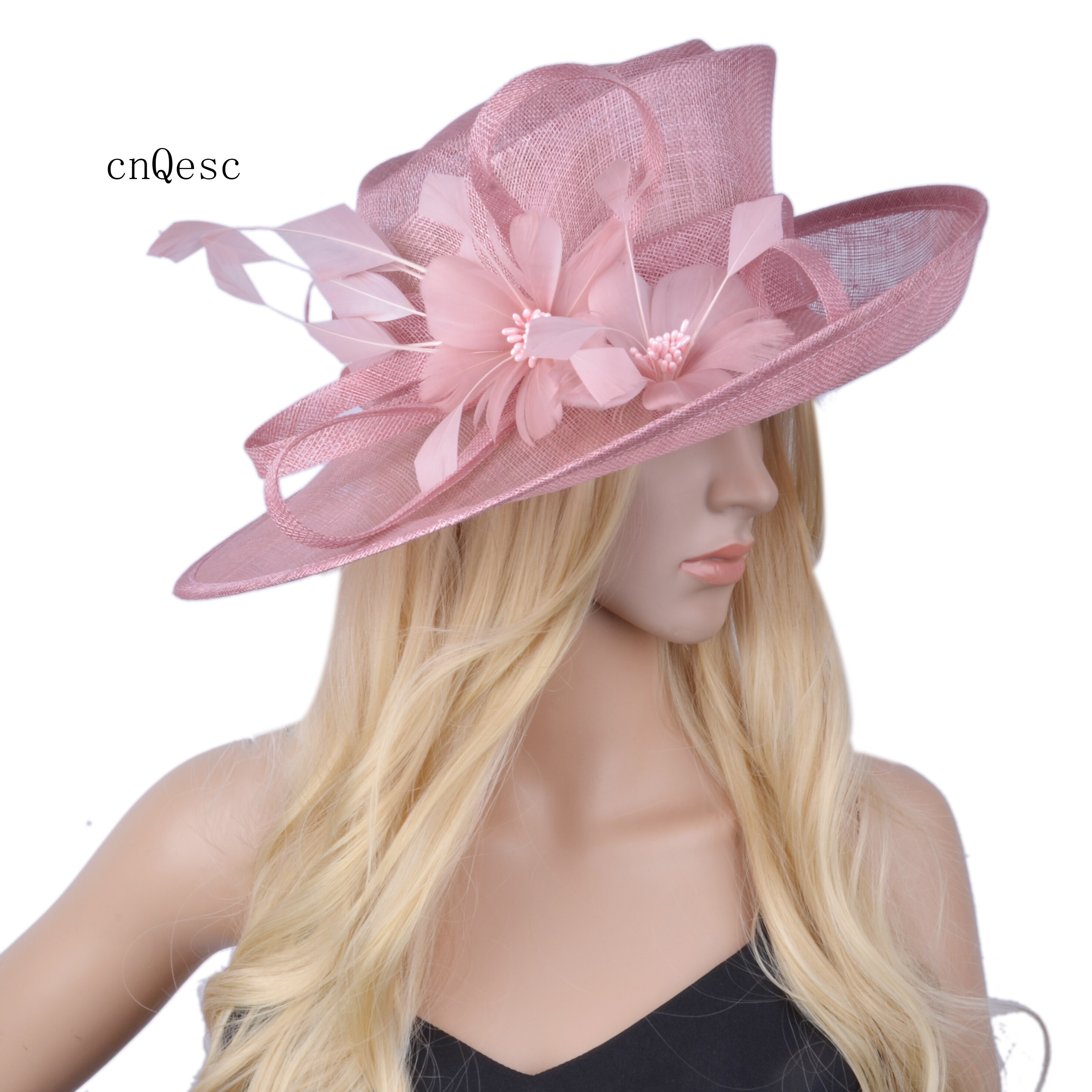 Blush pink big brim sinamay hat for Church.
