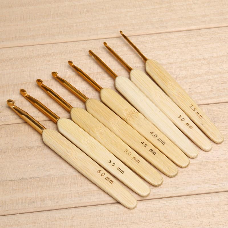 8Pcs 8 Maten Bamboe Handvat Haaknaalden Aluminium Haaknaalden Set Breinaalden Diy Breien Tools 2.5Mm-6Mm