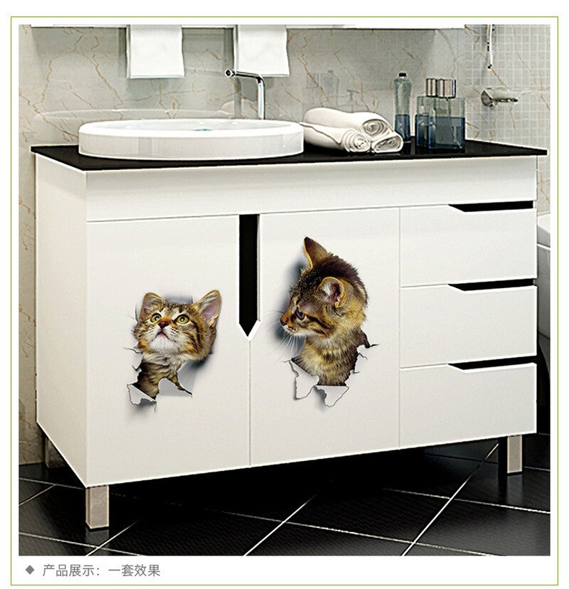 3d søde katte vægklistermærke soveværelse indretning 3d dyr væg badeværelse toilet mærkat hjem vægmaleri art decro