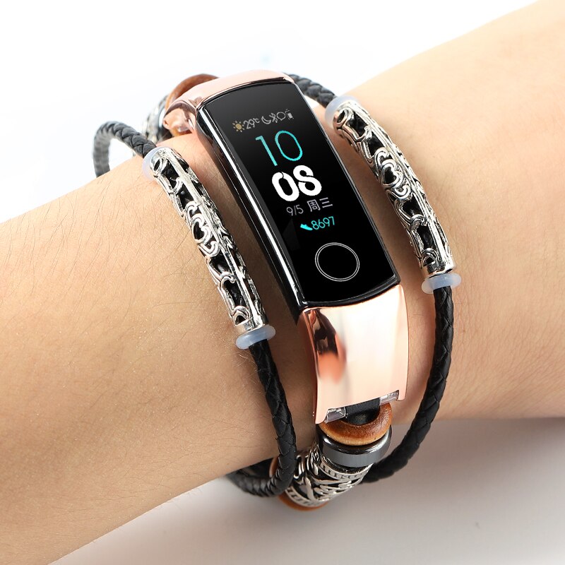 Pulsera de cuero para HONOR Band 5 4 Correa Metal acero inoxidable decoración para HUAWEI HONOR Band 5 Correa pulseras Accesorios: 7784 / For HONOR BAND 4
