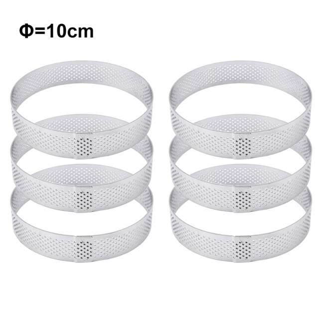 Taart Ring Rvs Taartje Mal Cirkel Cutter Pie Ring Hittebestendig Geperforeerde Cake Mousse Mallen Taart Gebak: 6Pcs 10cm