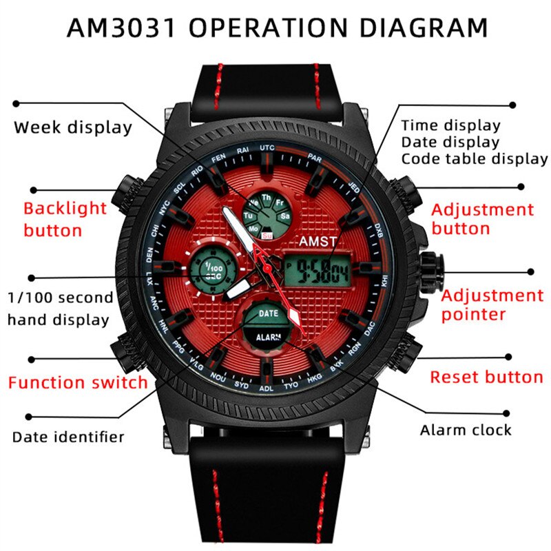 Relojes militares AMST de 50M, Relojes LED con correa de cuero resistente al agua, relojes de cuarzo de lujo de la mejor para hombre, reloj Masculino