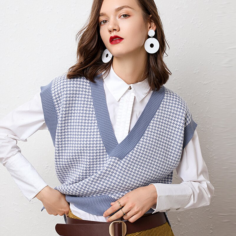 Femmes cachemire pull automne sans manches motif en vrac automne hiver tricoté grand col en v femmes femme pull gilet décontracté