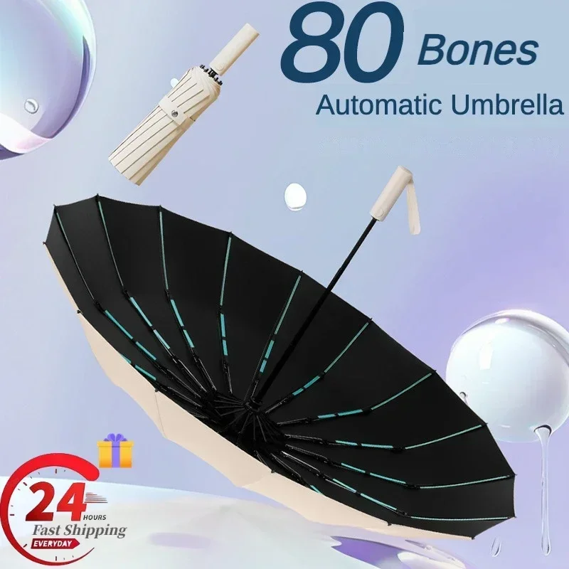 Paraguas refuerido de 80 huesos súper fuerte a prueba de viento con pliegue automático para hombres, paraguas UV grandes impermeables antitormenta para mujeres