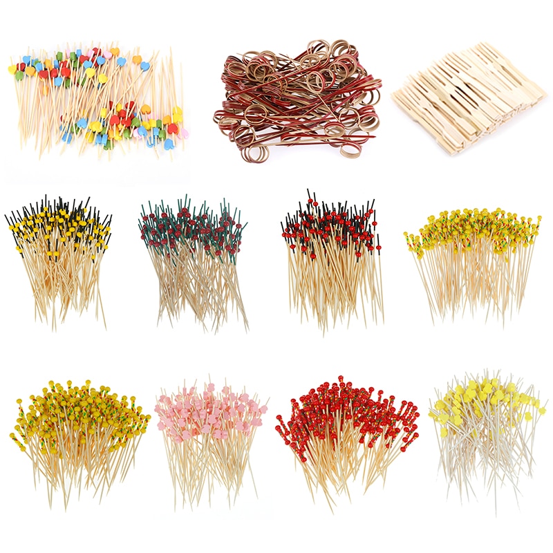 100pcs 9/12cm Bamboo Food Picks Buffet Cupcake Fruit Fork Party Cake Dessert Salad Vegetable Sticks Cocktail Toothpick Skewer