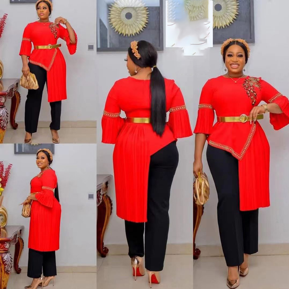 MD African Traditional Dashiki Two Piece Set Clothes Plus Size Women Pleated Irregular Tops Pants Suit Tenue Africaine Femme: Red / XXL