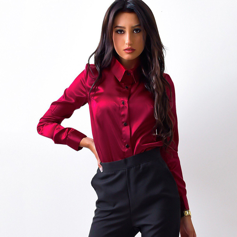 Blusa Women Blouse Wine red Green Satin Shirt Turn Down Collar Longth Sleeve Female Formal Office OL Blouse Women Tops