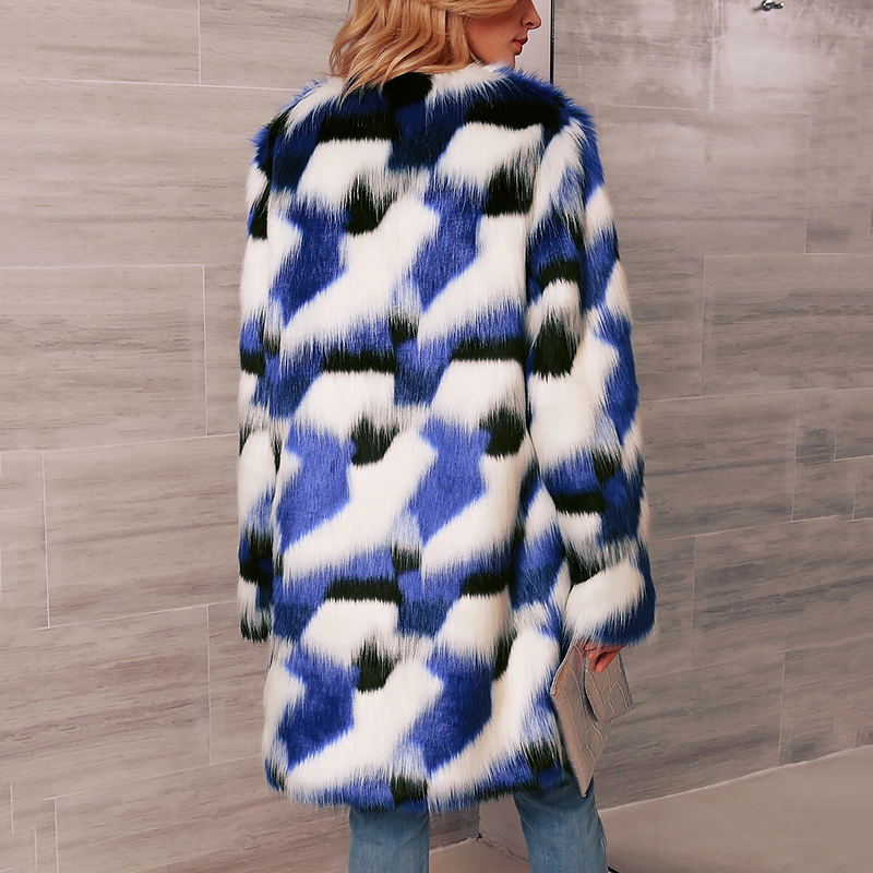 Vrouwen Lange Faux Fur Jassen Herfst Winter Mode Gemengde Kleur Print Bovenkleding Lange Mouwen Fluffy Warm Parka streetwear