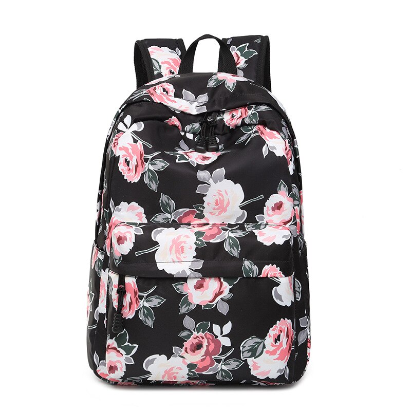 Diomo skoletaske til kvinder blomst pæon mønster rygsæk skoletaske til piger vintage taske: Sort