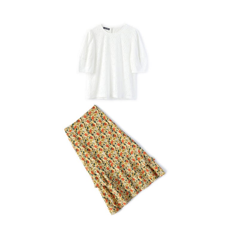 Awarose kobiet dziurawy koronki z krótkim rękawem szczyt kwiatowy liści lotosu spódnica 2 dwuczęściowy modne ciuchy zestaw kobiety lato elegancki garnitur: XL