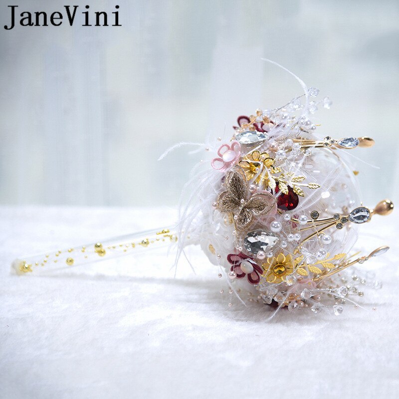 JaneVini luksusowa czerwona róża panna młoda berło złota korona pióro bukiet ślubny perły luksusowe ręcznie kryształbyć winnym kwiaty ślubne gospodarstwa