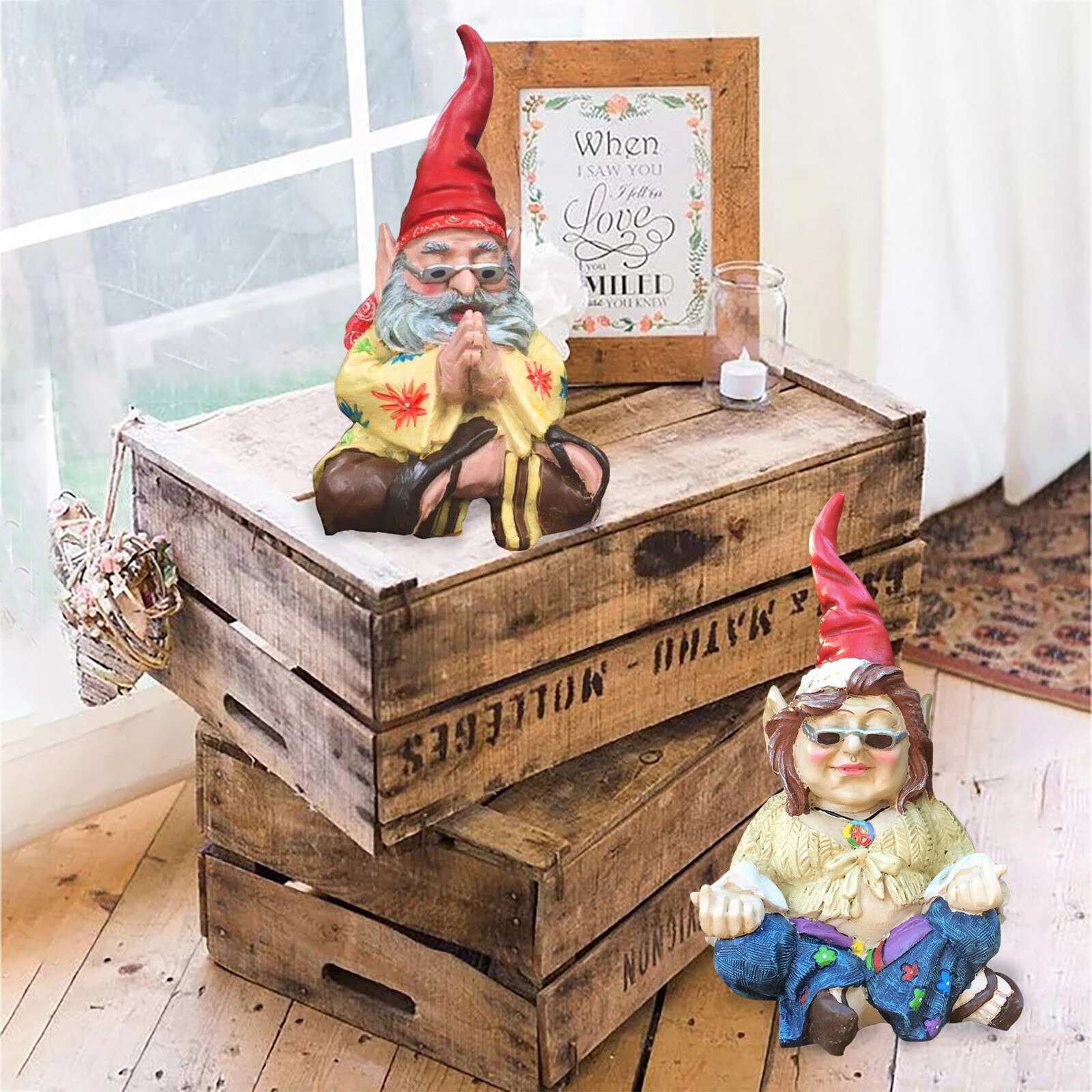 4 # Tuin Gnome Paar Standbeeld-Handgeschilderde Gnome Paar Standbeeld Van Yoga Meditatie Gnome Hars Standbeelden Binnenplaats boom Decoratie