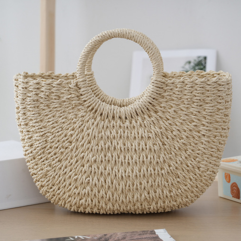Nuevos bolsos de paja de luna a la , bolso de playa de verano para mujer, bolso de mimbre hecho a mano, bolso tejido Vintage para mujer, bolsa para mujer: Rosa