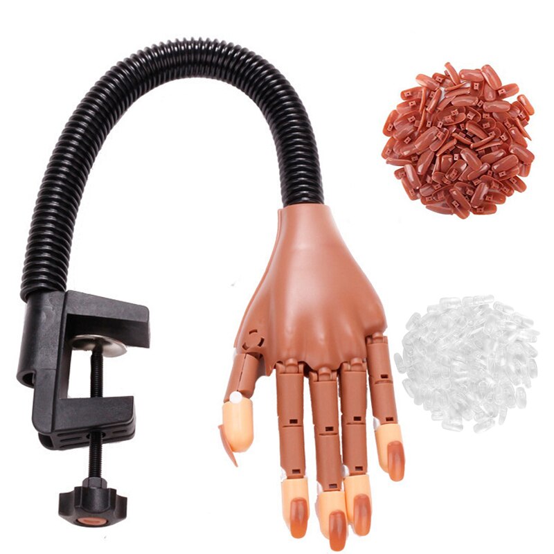 Main artificielle pour entraînement de manucure, outil ongulaire, support flexible et réglable, mannequin pour formation nail-art, fourniture mobile, avec 100 pièces de faux-ongles: set 1