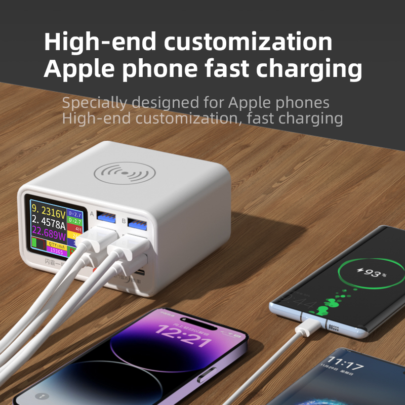65 W 8 Ports USB-Ladestation mit kabellosem Lade-Digitalanzeige Qc3.0PD3.0 Schnellladung für iPhone 14 13 Xiaomi
