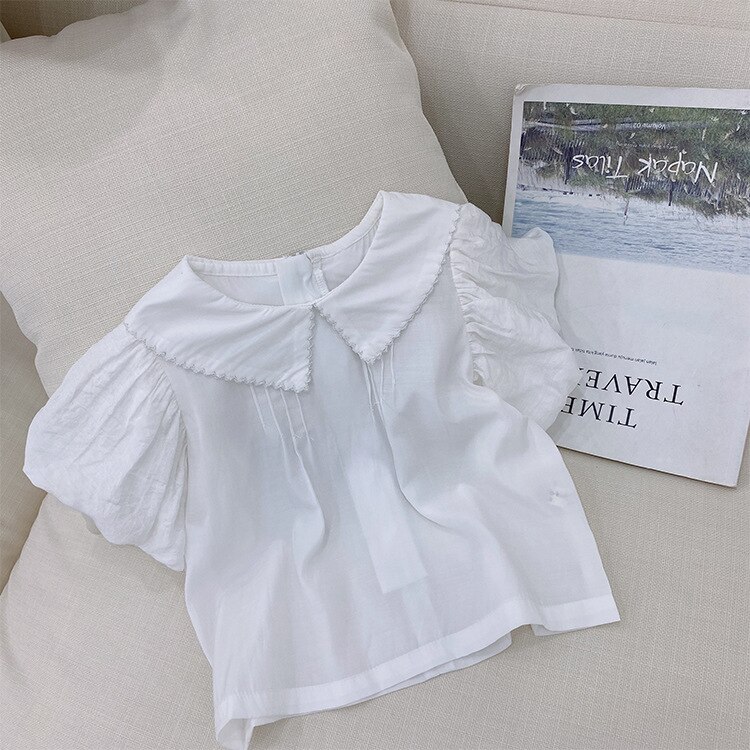 Piger bluse hvide skjorter bomuld blonde skjorte sommer kortærmet turn-down krave barn børn baby småbørn toppe 2 3 4 5 år