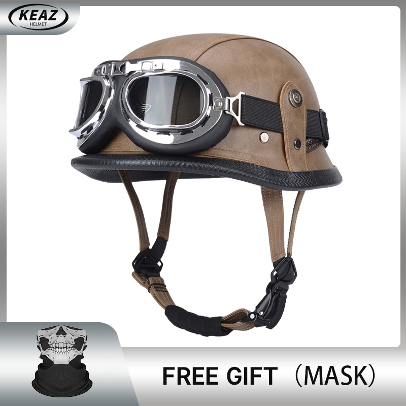 Casque demi-visage en cuir de Style allemand pour moto, prix d'usine, Cap1/2 approuvé par le DOT, casques + lunettes à visage ouvert