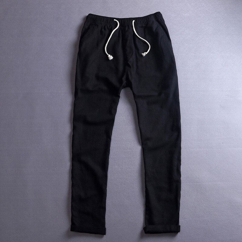 Heren Linnen Katoen Casual Broek - Elastische Tailleband, Loose Fit, Lange Broek: M / Zwart