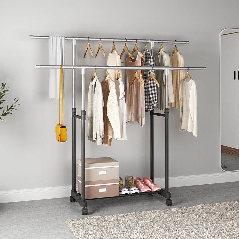 Adjustable Rolling Coat Rack Double Rod Clothes Rack Stainless Steel Hanger Floor Storage Organizer Clothing Wall Coat Racks