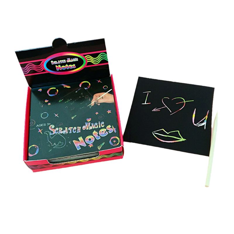 Mini notas de arcoíris para rascar para niñas, 100 Uds. Con lápices de Madera Juguetes de dibujo mediante raspado, artes y manualidades