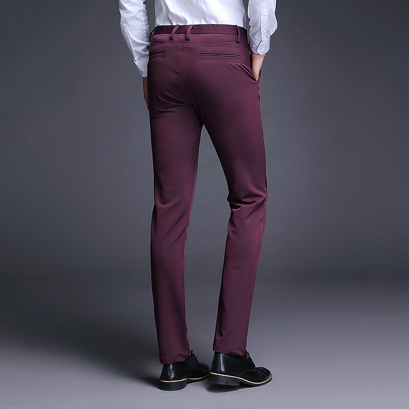 Men's Wine Red Slim Trousers Stretch Youth Pants Suit Pants