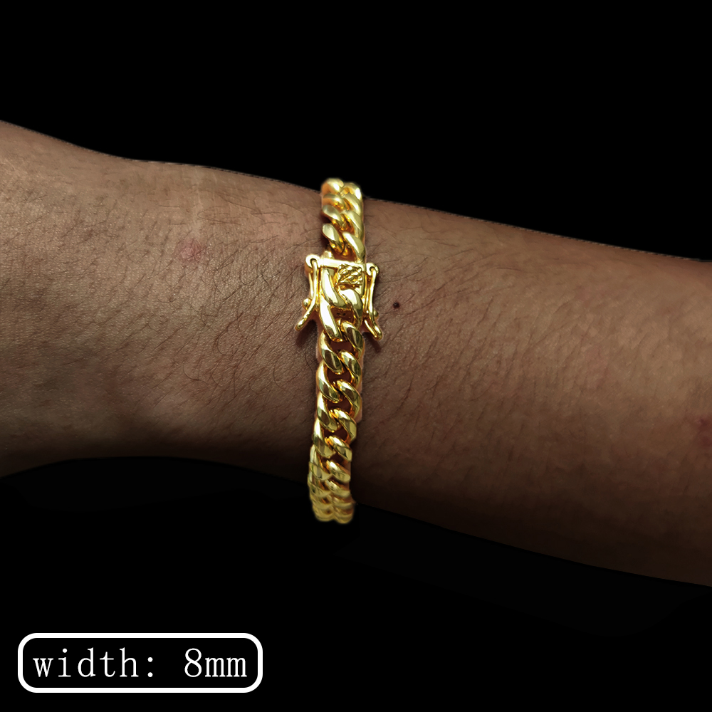 Men Stainless Steel Bracelet 6-14mm 18 K Gold Plated Miami Cuban Link Charm Bracelet For Men Pulsera Acero Inoxidable: 17.5cm / Vermeil