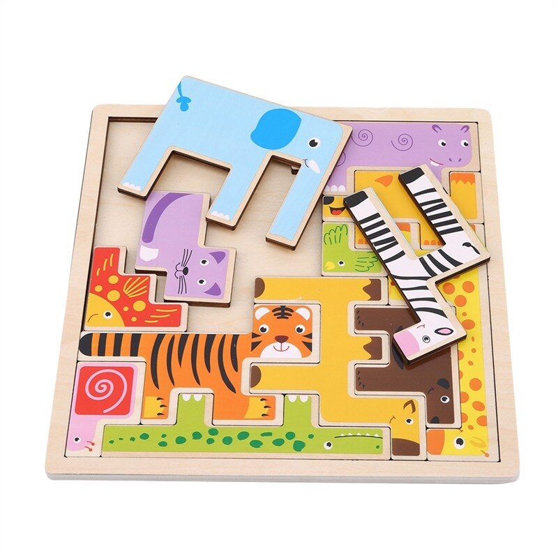 Kleurrijke 3D Cartoon Dieren Voertuig Houten Puzzels Puzzel Speelgoed Voor Kinderen Intelligentie Ontwikkeling Baby Vroege Educatief Speelgoed: animal2