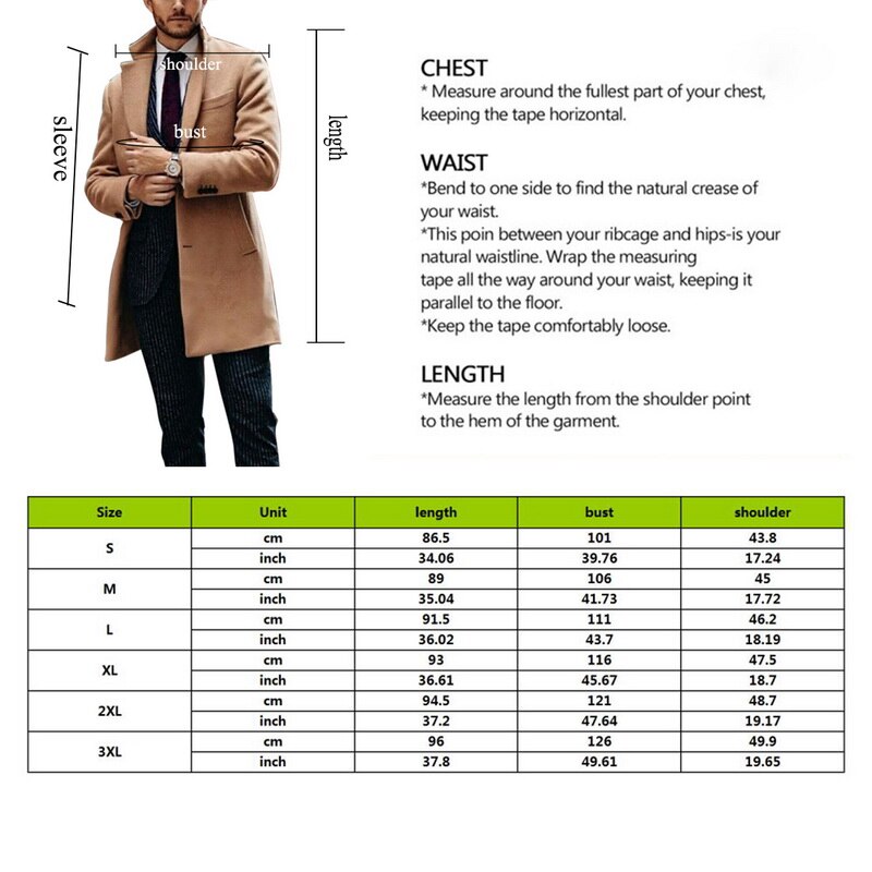 Puimentiua Winter Men Coat Mens Khaki Baggy Long Trench Coat, Classic Autumn and Winter Long Jacket, Men Casual Coat