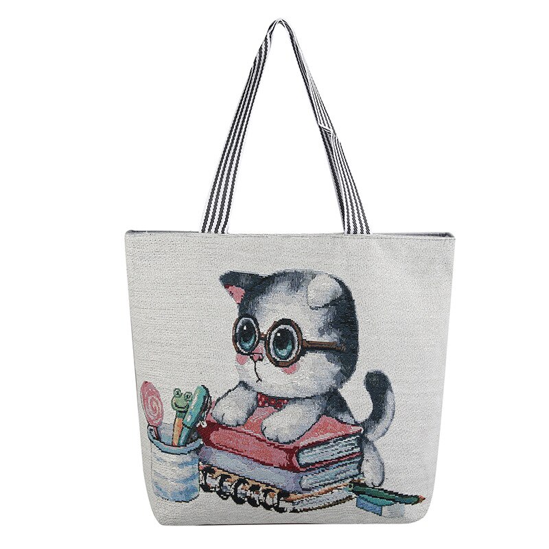 Vrouwen Grote Capaciteit Canvas Tas Mode Cartoon Kitten Katoenen Doek Schoudertas Eco Handtas Tote Herbruikbare Grocery Shopper Tassen: A01