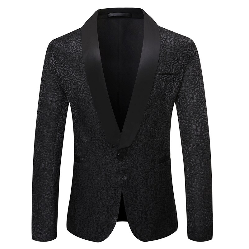 Shenrun – veste Jacquard noire et blanche pour homme, style Business décontracté, châle, veste de smoking à revers, costume de chanteur et hôte de scène: Black / M