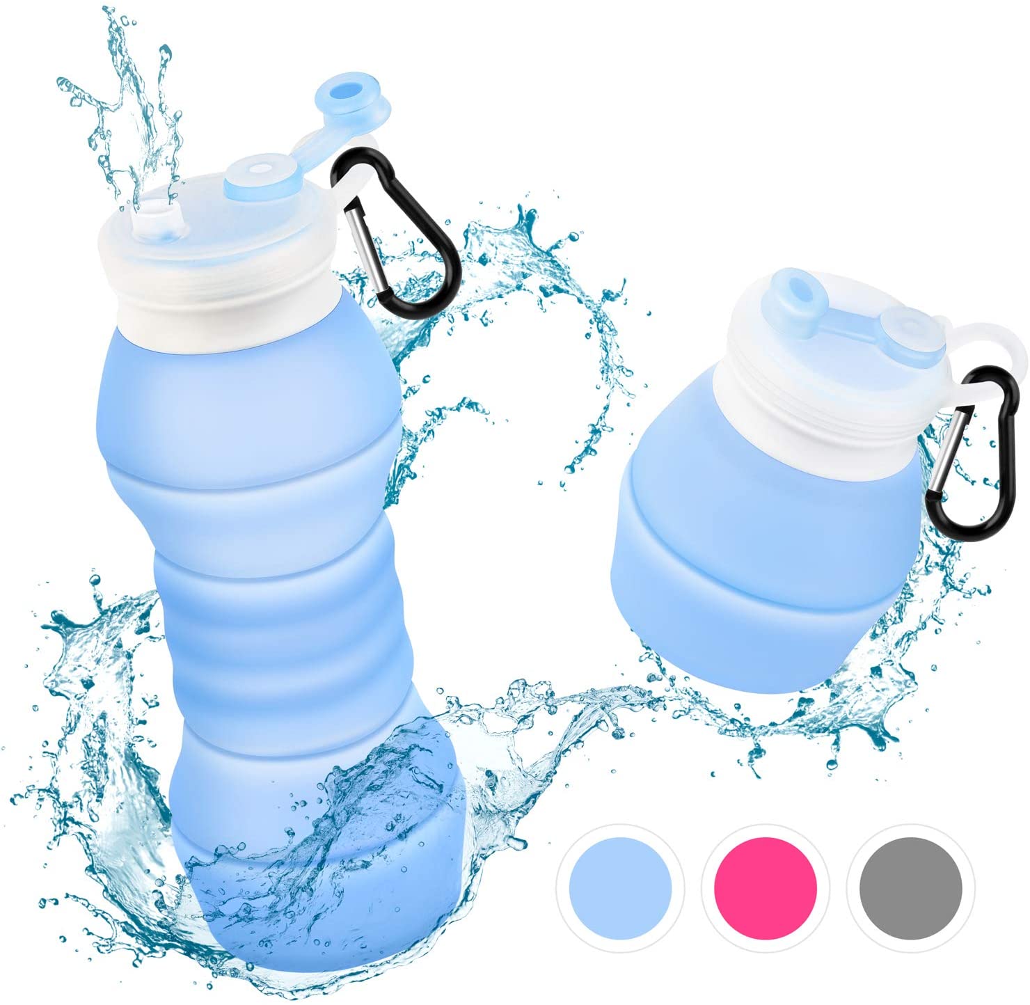 Botella de agua de silicona plegable, 550 ML, sin BPA, portátil, reutilizable, a prueba de fugas, botellas de agua deportivas de viaje para gimnasio, senderismo y ciclismo: Blue-550ML