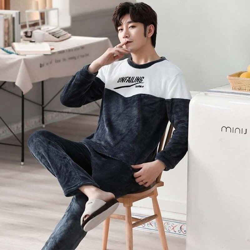 Winter Men Long Sleeve Flannel Pajamas Set Round Neck Letter Pattern Thick Coral Velvet Sleep Wear Male Warm Pyjamas Set