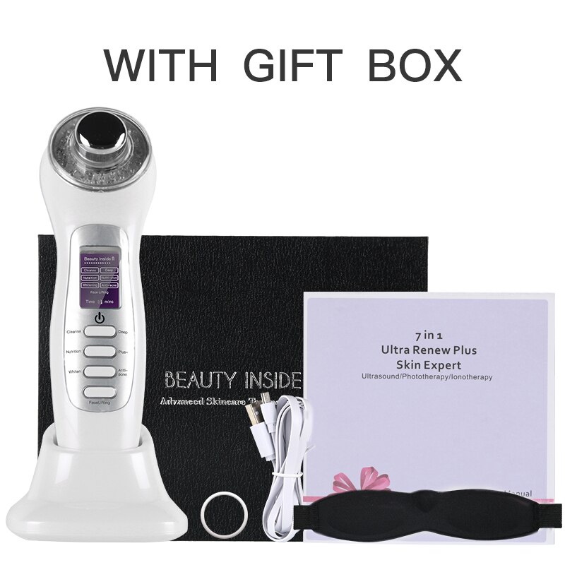 Micro-current Skin Tightening Ultrasonic 7 In 1 Galvanic 3MHz Facial Lifting Beauty Care Light Photon Face Rejuvenation Machine: White With Box