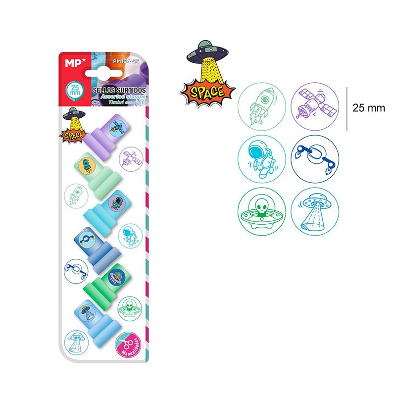 MP® Juego de Sellos de goma para Niños Infantiles Profesor Juguetes Estampar Dibujos Animalitos Frutas Sonrisa Corazon Estrellas Premios de Recompensa 10 Series de Diseños 6 Uds: Space