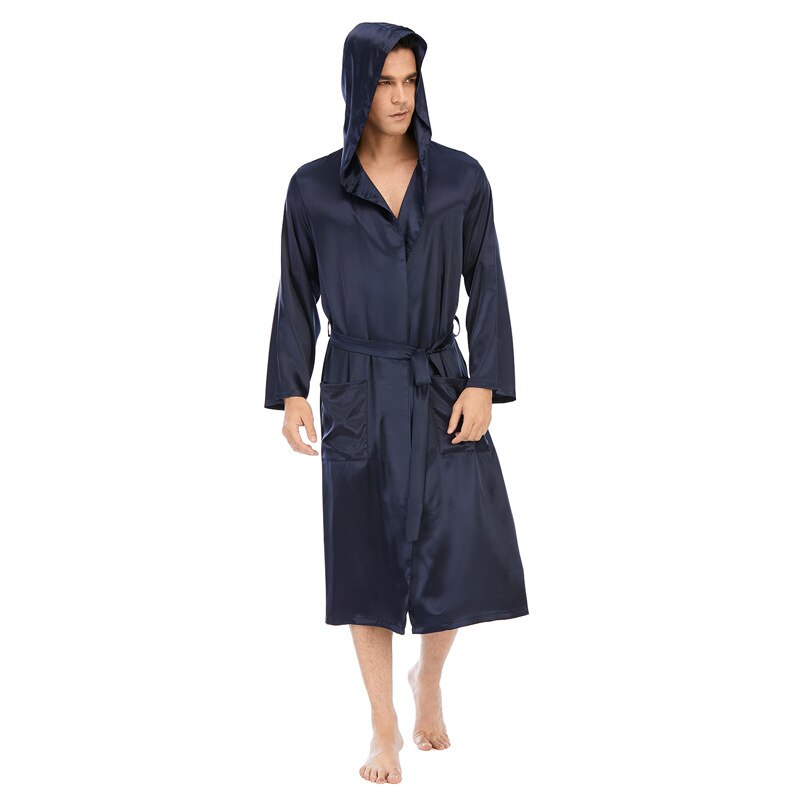 Faxu Silk Robe Male Hooded L-XXXL Nightgown With Packets Men's Bathrobe Winter Long Robe Mens Bath Robe Pajamas: Navy / XL