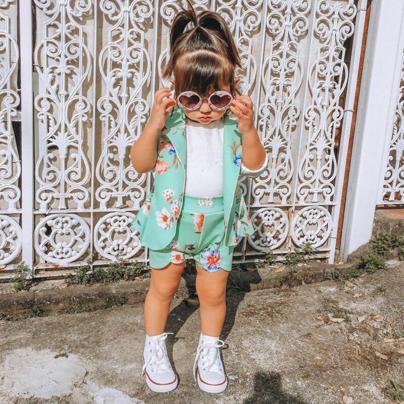 New Children's Girls Floral Coat + Shorts Two-piece Suit Kids Suit Clothes Sets 9M-5Years
