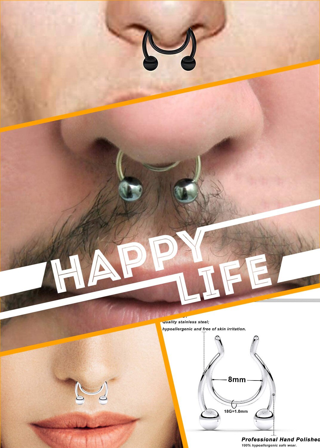 18G Faux Septum nez cerceau anneaux en acier inoxydable fausse lèvre oreille nez Septum anneau Non Piercing pince sur nez cerceau anneaux Piercing du corps
