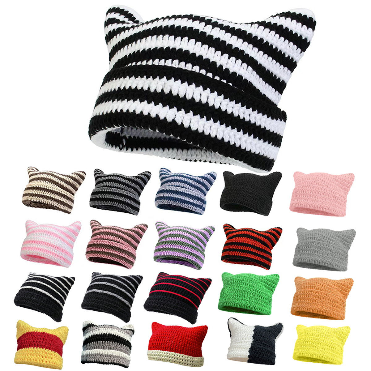 Corchet Cute Cat Ears Beanie Hat for Women Winter Striped Korean Y2K HipHop Cosplay Knitted Streetwear Men Skullies