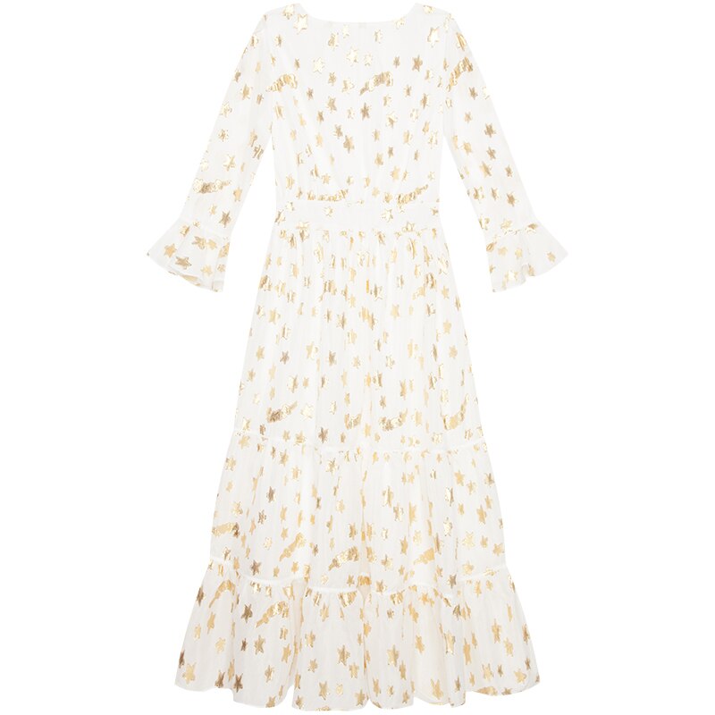 YIGELILA Latest Women White Embroidery Dress V-neck Flare Sleeve Empire Slim Mid Length A-line Dress 63055