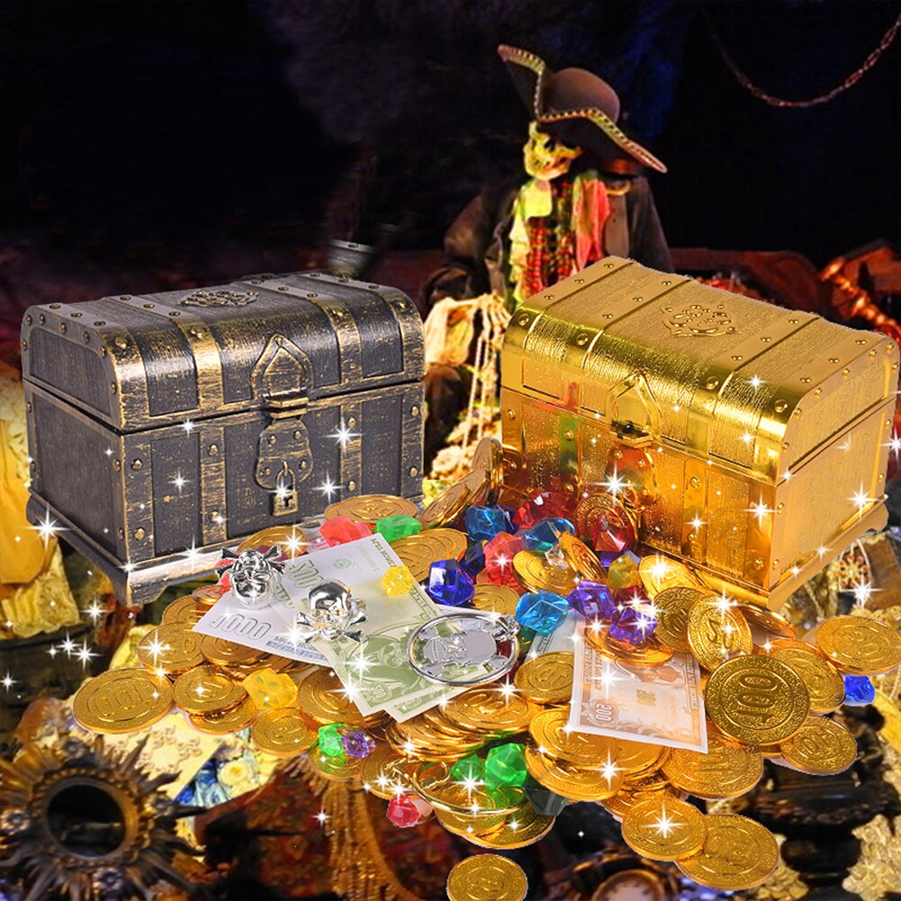 Scatola da caccia al tesoro scatola del tesoro per bambini scatola grande elettrolitica giocattolo monete d'oro e gemme pirata Set di gioielli confezione bomboniera