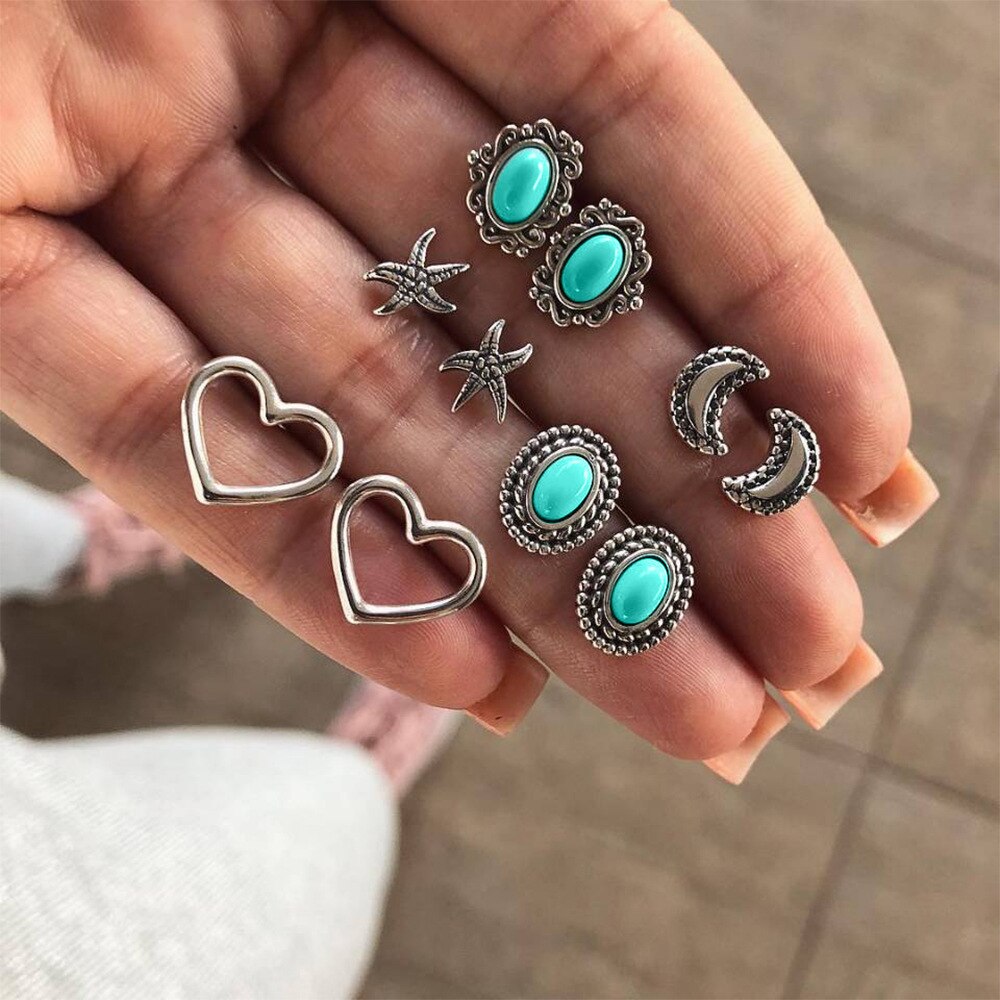 Böhmen Geometrische Kleine Stud Ohrringe Set Für Frauen Shell Blume Stern Hand Charme Ohrringe Mädchen Trendy Schmuck: EA063-20