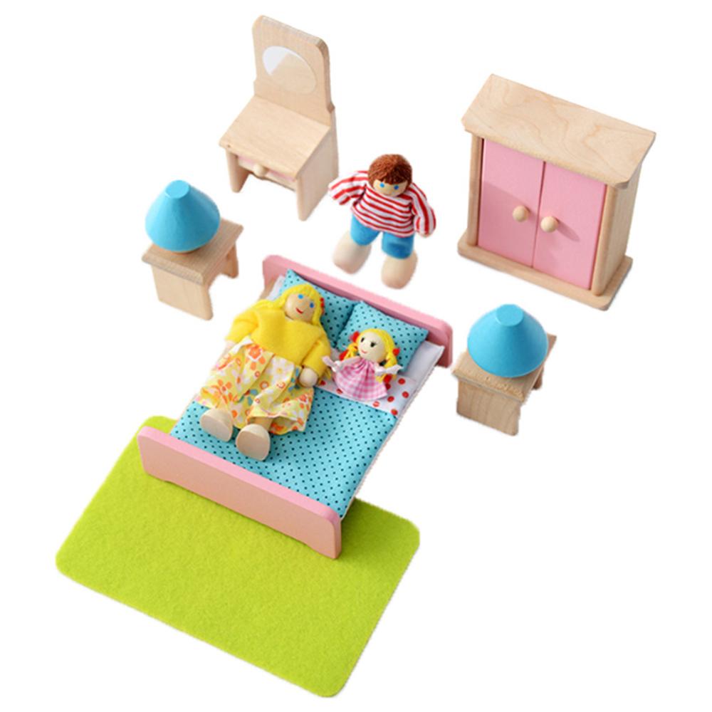 Giocattoli delicati in legno per mobili per case delle bambole Set in miniatura per bambini finta sale giochi accessori educativi per bambini: Bedroom  3 dolls