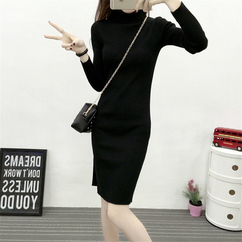 Herfst Winter Vrouwen Gebreide Lange Mouwen Split Coltrui Jurken Slim Bodycon Schede Gebreide Jurk Vestidos SF859