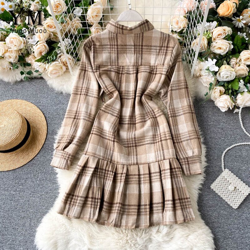 Yuoomuoo vintage rutig långärmad skjortklänning höst flicka college kort veckad klänning sundress casual damklänning