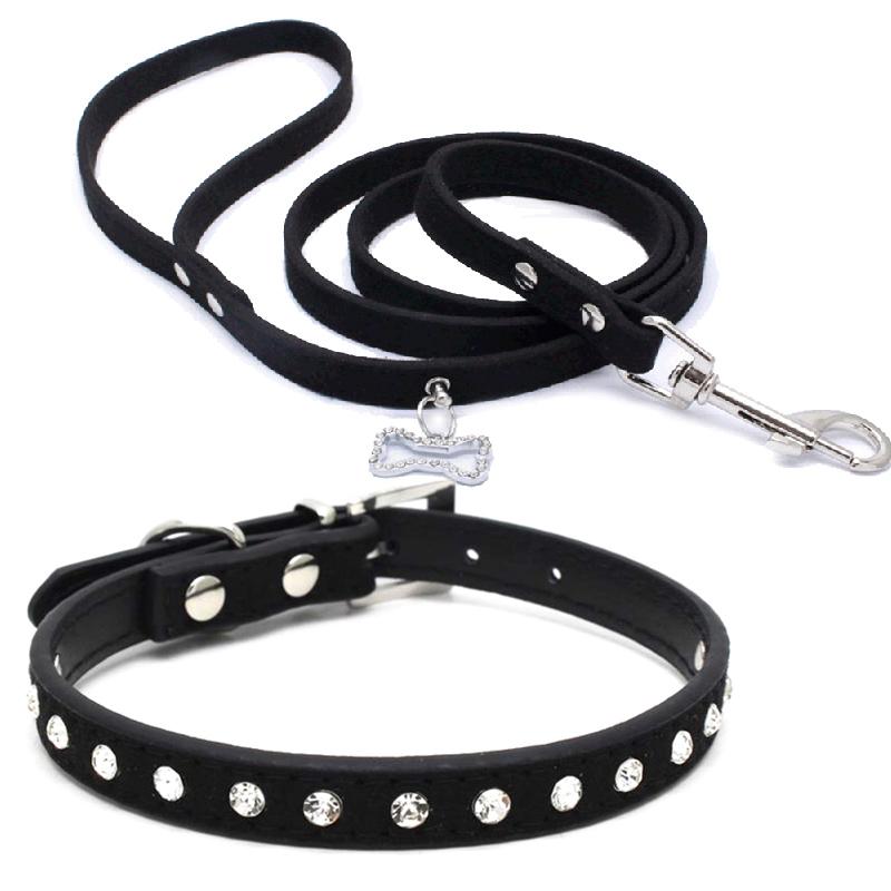 Rhinestone Pet Collar Leash For Small Dogs Adjustable Suede Leather Puppy Cat Walking Leads Outdoor Necklace Leashes Set