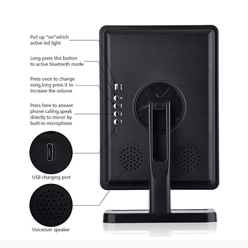 Altavoz Bluetooth maquillaje LED espejo iluminado de mesa de cosméticos espejo de vanidad con 20 Pantalla táctil ajustable 10X lupa: Bluetooth-black