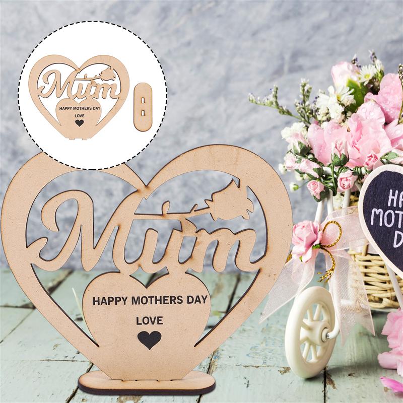 1pc Hollow Wooden Heart Mother's Day Desktop Decor Love Ornaments Art Craft Word Adornment