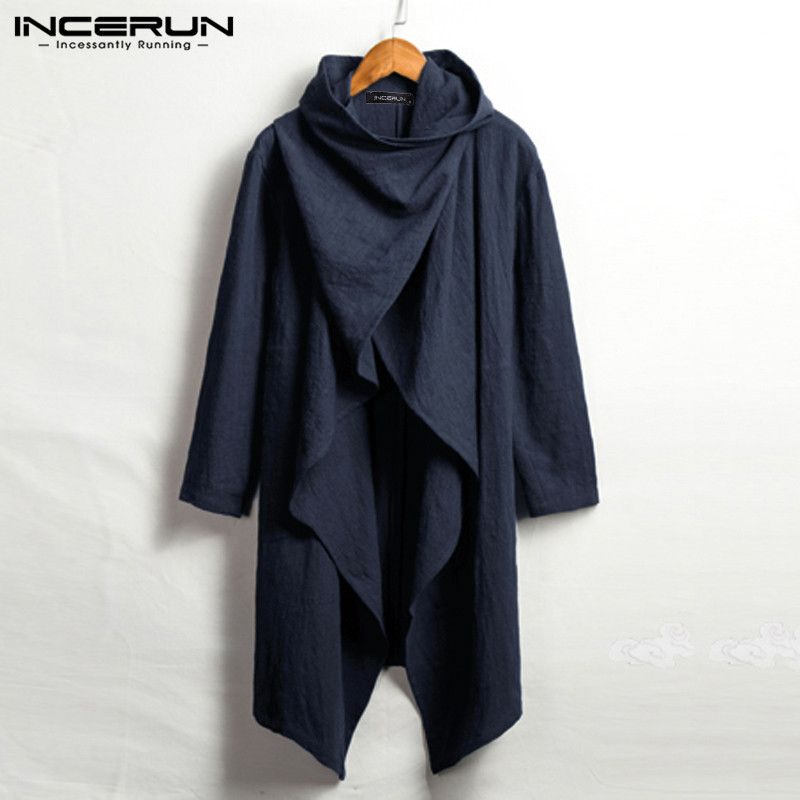 Incerun Vintage Mannen Jassen Katoen Coltrui Onregelmatige Geul Poncho Casual Lange Mouw Mantel Effen Straat Jassen Heren Bovenkleding: Navy / 5XL