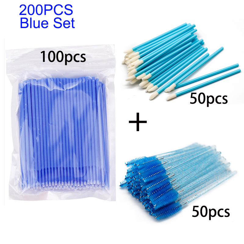 200Pcs Roze Mascara Wands Lipgloss Wand Borstel En Wimper Cleaning Micro Applicator Set 3 In 1 Eye Lash makeup Tools In Bundel: 200pcs Blue set