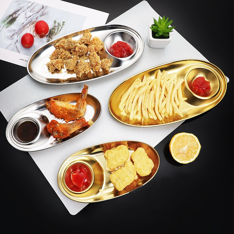 Grid plate 304 Stainless Steel Snack Plate Divided Grid Plate Oval Plate With Sauce Plate Western Fries Fried Chicken Plate